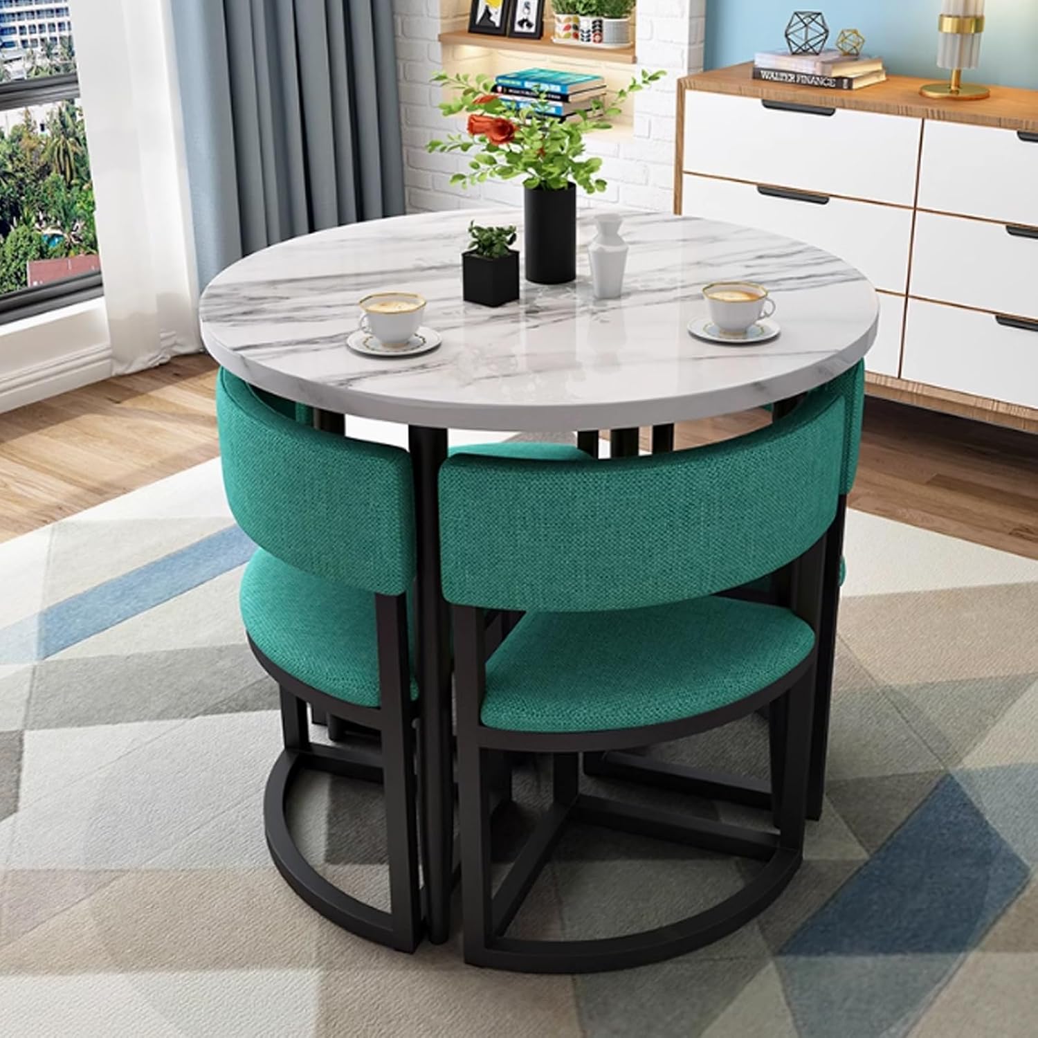 Tavolo rotondo conferenza con 4 sedie - blu scuro elegante - ricevimento pranzo - ufficio piccoli spazi-Nestgetmart