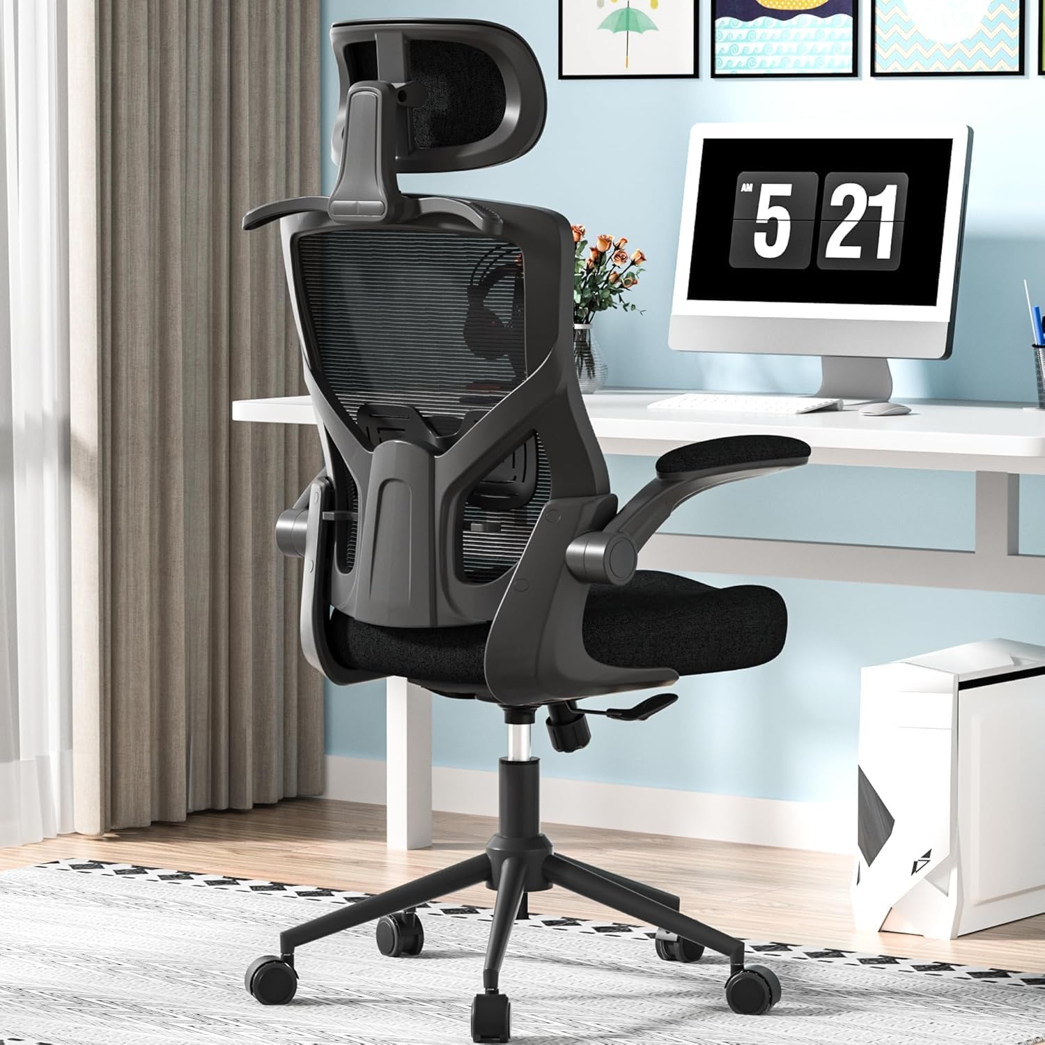 Sedia ufficio ergonomica alta - nera mesh - poggiatesta lombare - attaccapanni e blocco-Nestgetmart
