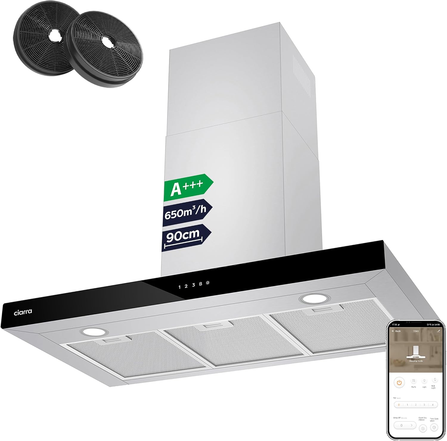 CIARRA CBCS9102 cappa aspirante - 90 cm argento - 650 m3 h Wi Fi - touch 4 velocita e booster-Nestgetmart