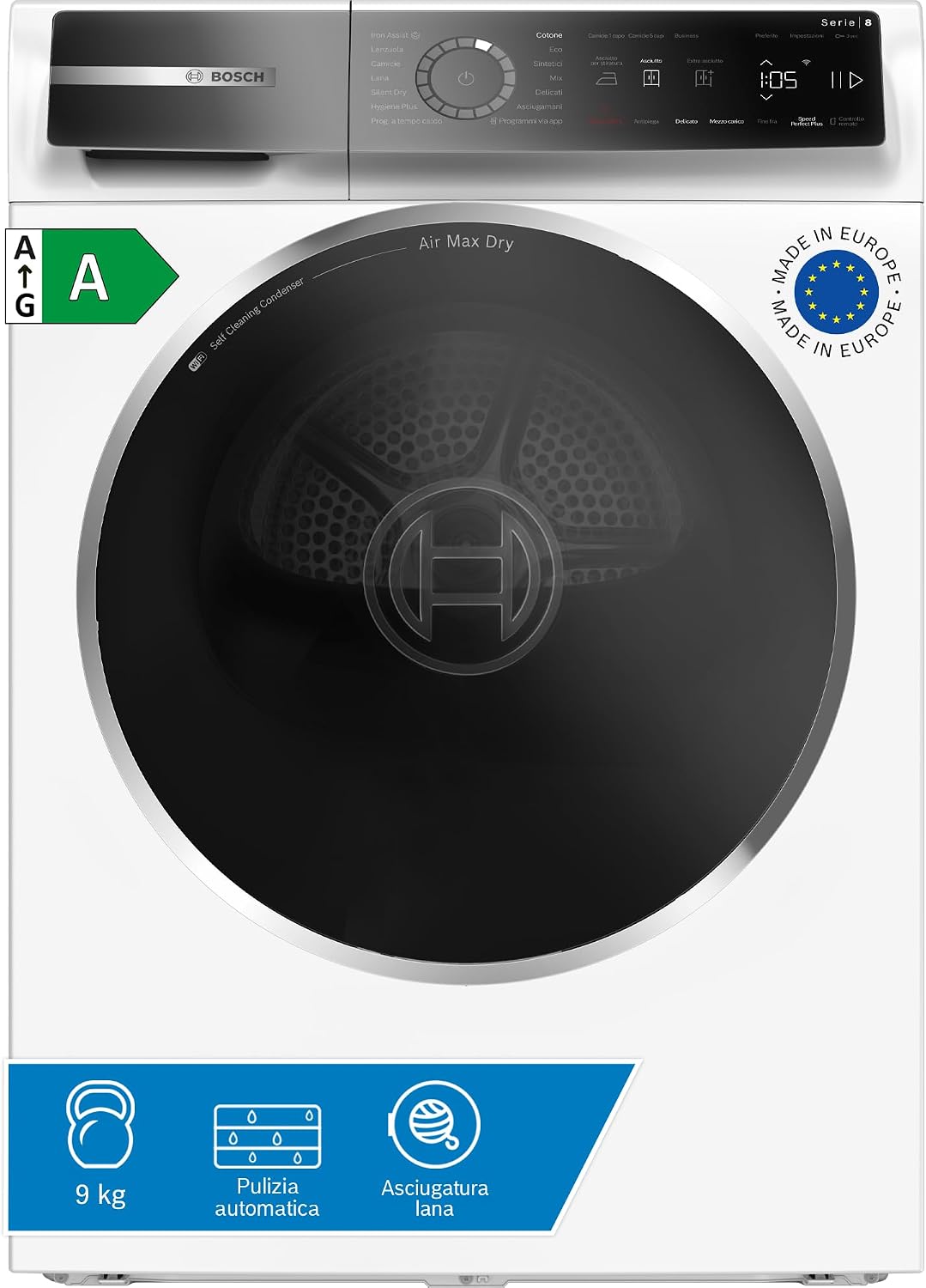 Bosch WRB247C0IT Serie 8 - Asciugatrice smart pompa di calore 9 kg - Condensatore autopulente - Riduce pieghe-Nestgetmart