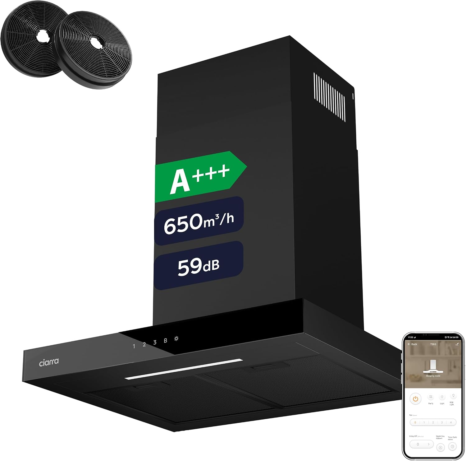 CIARRA CBCB6102 Cappa aspirante 60 cm - 650 metri cubi ora - 4 velocità Booster - Nero con display-Nestgetmart