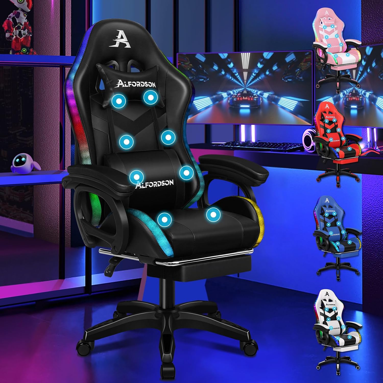 Sedia gaming ALFORDSON - massaggio 8 punti e LED RGB 12 colori - poggiapiedi - pelle PU nera-Nestgetmart