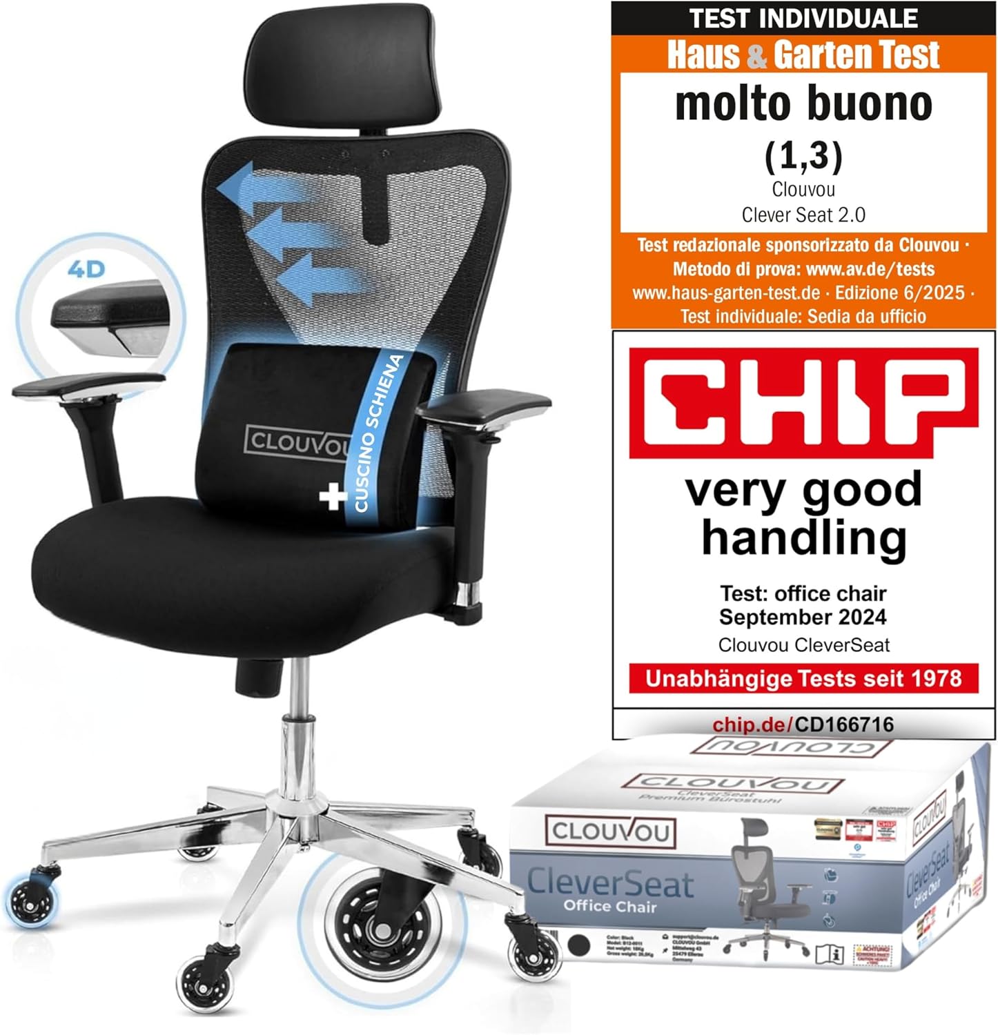 Sedia ufficio CleverSeat nera - ergonomica top di gamma - ruote smart working - portata 150 kg-Nestgetmart