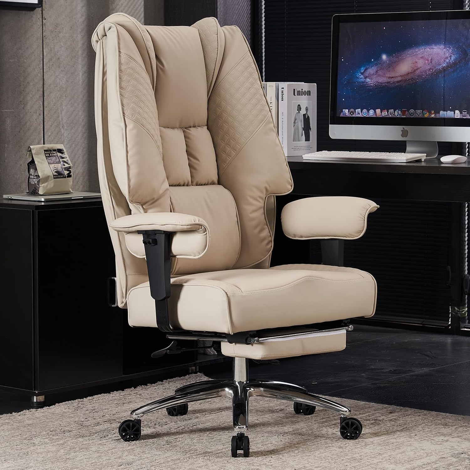 Poltrona direzionale beige - pelle PU sovradimensionata - schienale alto - braccioli regolabili 180 kg-Nestgetmart