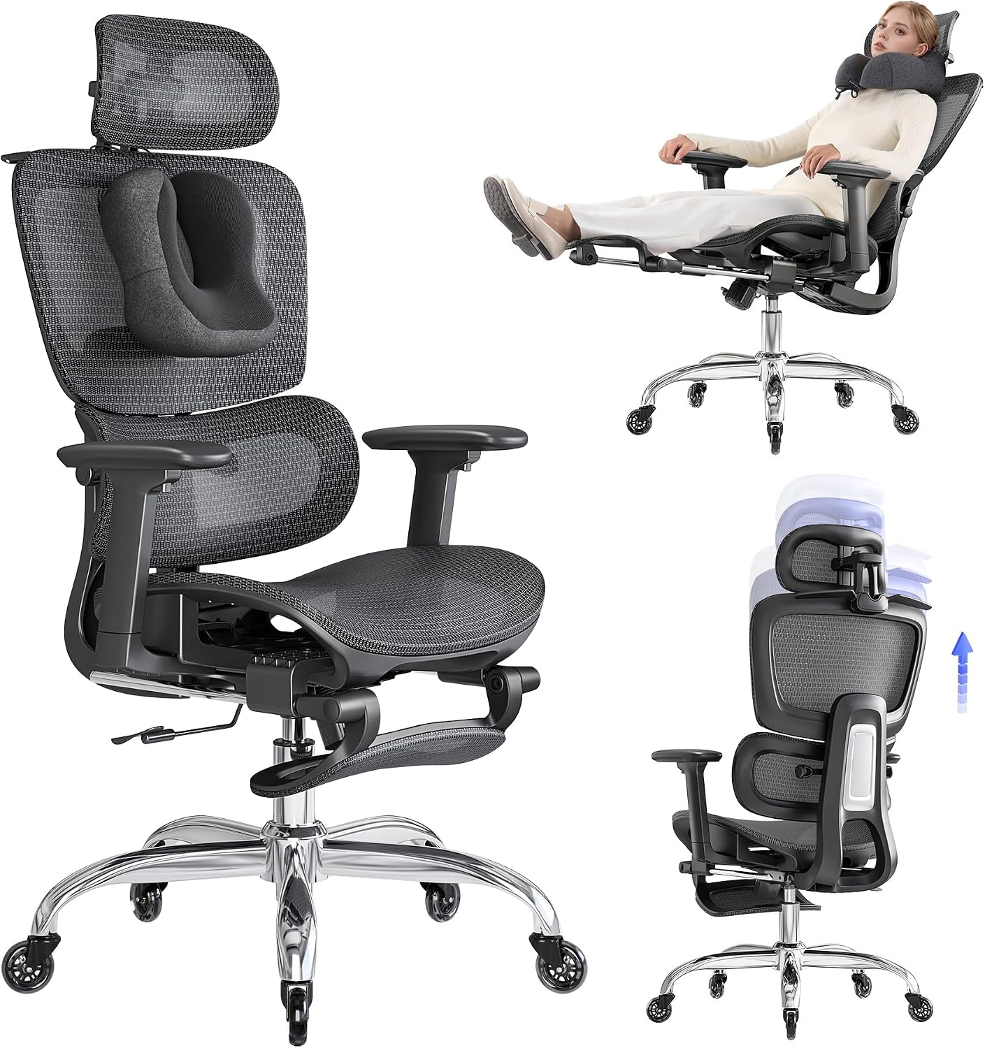 Sedia ufficio ergonomica gaming - nera 48 x 50 x 122 cm - poggiapiedi retrattile - supporto lombare 2D-Nestgetmart