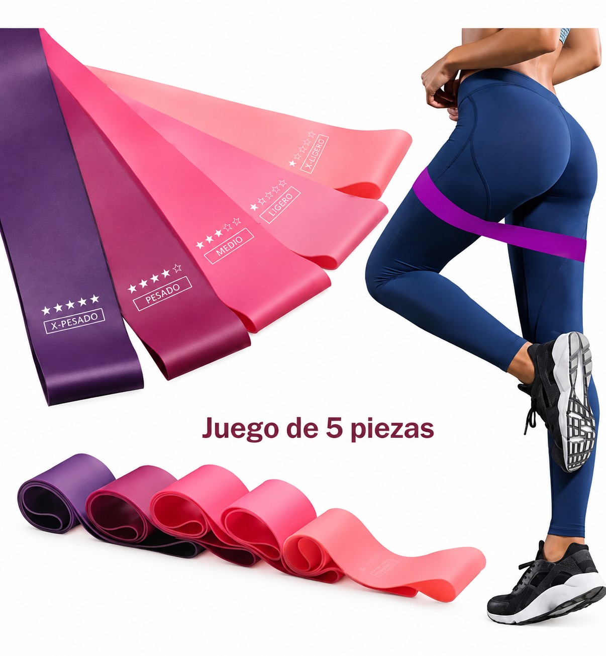 DHFBIU Bandas de Resistencia para Ejercicio, Set de 5 Niveles, Bandas Elásticas para Glúteos, Piernas, Yoga, Pilates, Fitness y Entrenamiento en Casa