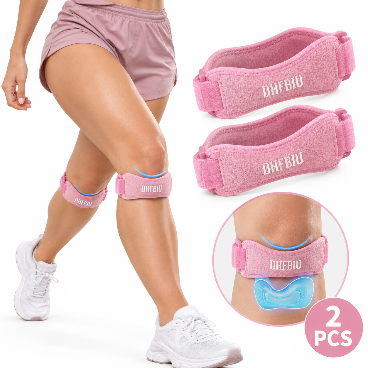 Rodillera Deportiva DHFBIU de Silicona con Acolchado Grueso, Soporte Ajustable para Rodilla, Banda Rotuliana para Correr, Gimnasio y Entrenamiento, Rosa, 2 Piezas