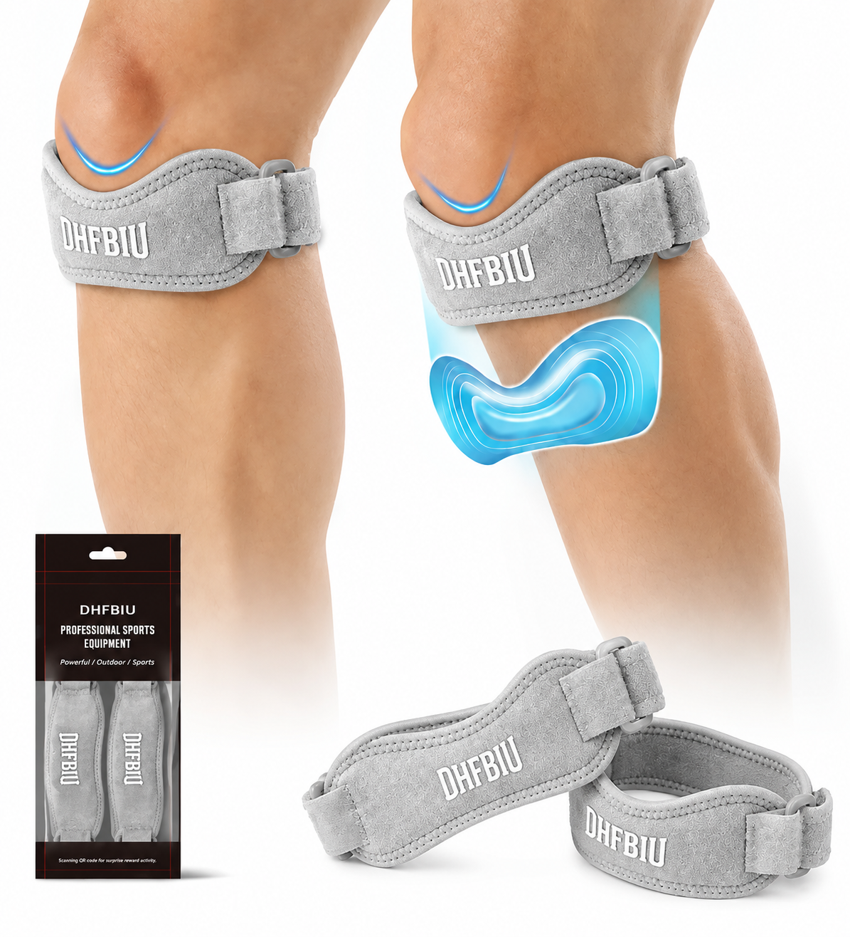 Rodillera de Silicona DHFBIU con Acolchado Grueso, Banda Rotuliana Ajustable, Soporte Deportivo para Rodilla, Correr y Gimnasio, Gris, 2 Piezas