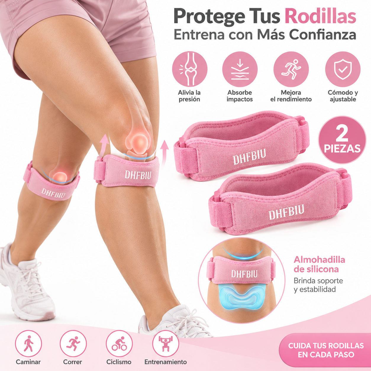 Rodillera Deportiva DHFBIU de Silicona con Acolchado Grueso, Soporte Ajustable para Rodilla, Banda Rotuliana para Correr, Gimnasio y Entrenamiento, Rosa, 2 Piezas