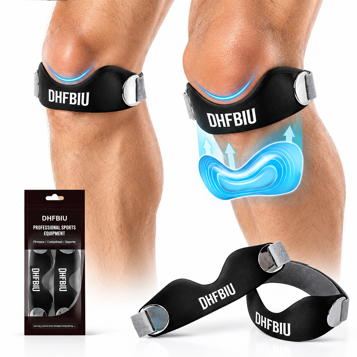 DHFBIU Rodillera Deportiva Ajustable, Banda Rotuliana con Almohadilla de Silicona, Soporte para Rodilla para Correr, Gimnasio y Fitness, Negro, 2 Piezas