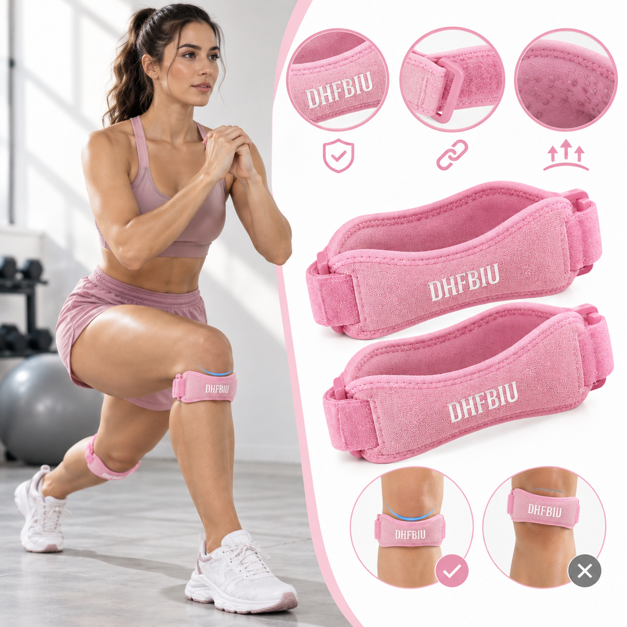 Rodillera Deportiva DHFBIU de Silicona con Acolchado Grueso, Soporte Ajustable para Rodilla, Banda Rotuliana para Correr, Gimnasio y Entrenamiento, Rosa, 2 Piezas