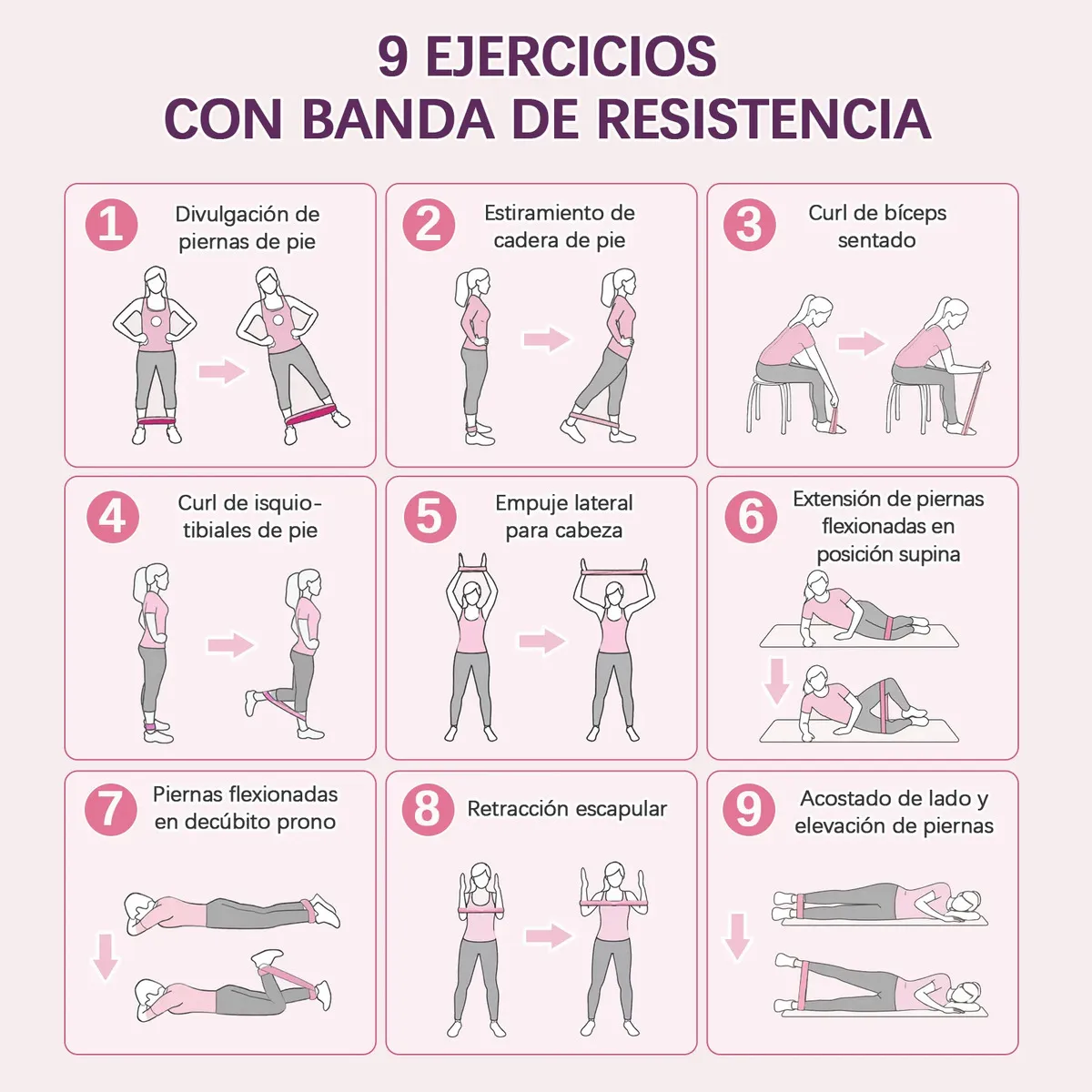 DHFBIU Bandas de Resistencia para Ejercicio, Set de 5 Niveles, Bandas Elásticas para Glúteos, Piernas, Yoga, Pilates, Fitness y Entrenamiento en Casa