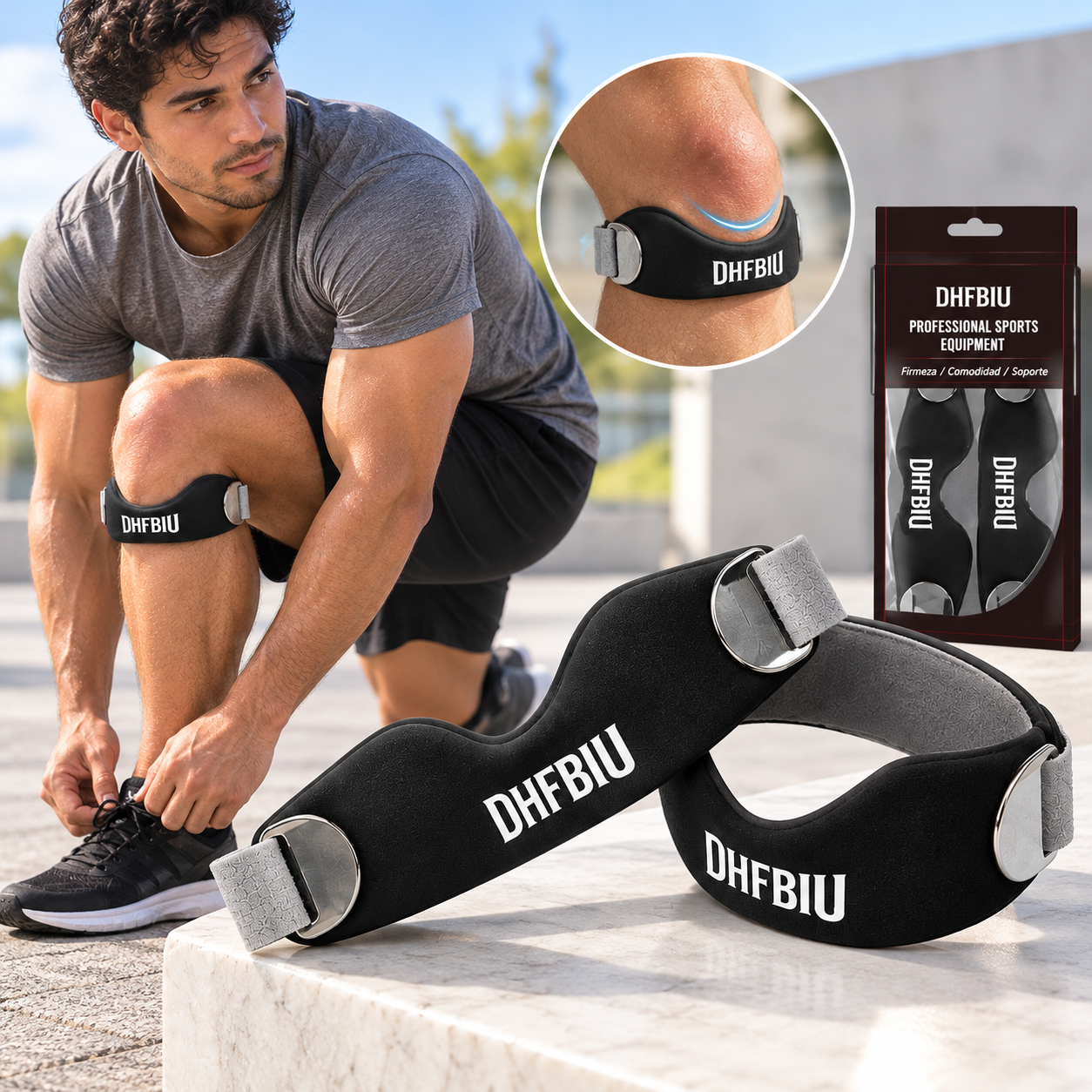 DHFBIU Rodillera Deportiva Ajustable, Banda Rotuliana con Almohadilla de Silicona, Soporte para Rodilla para Correr, Gimnasio y Fitness, Negro, 2 Piezas