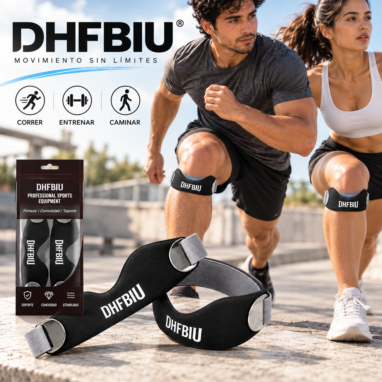 DHFBIU Rodillera Deportiva Ajustable, Banda Rotuliana con Almohadilla de Silicona, Soporte para Rodilla para Correr, Gimnasio y Fitness, Negro, 2 Piezas