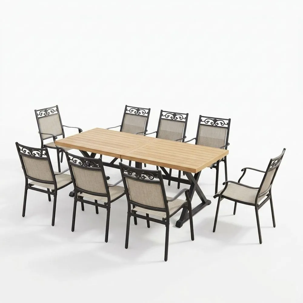 Conjunto de sillas de comedor de exterior de teca y aluminio con 8 asientos de color beige.