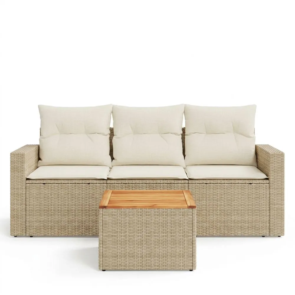 Conjunto de sofás de jardín de ratán sintético color beige, combinados con una mesa de madera de acacia.