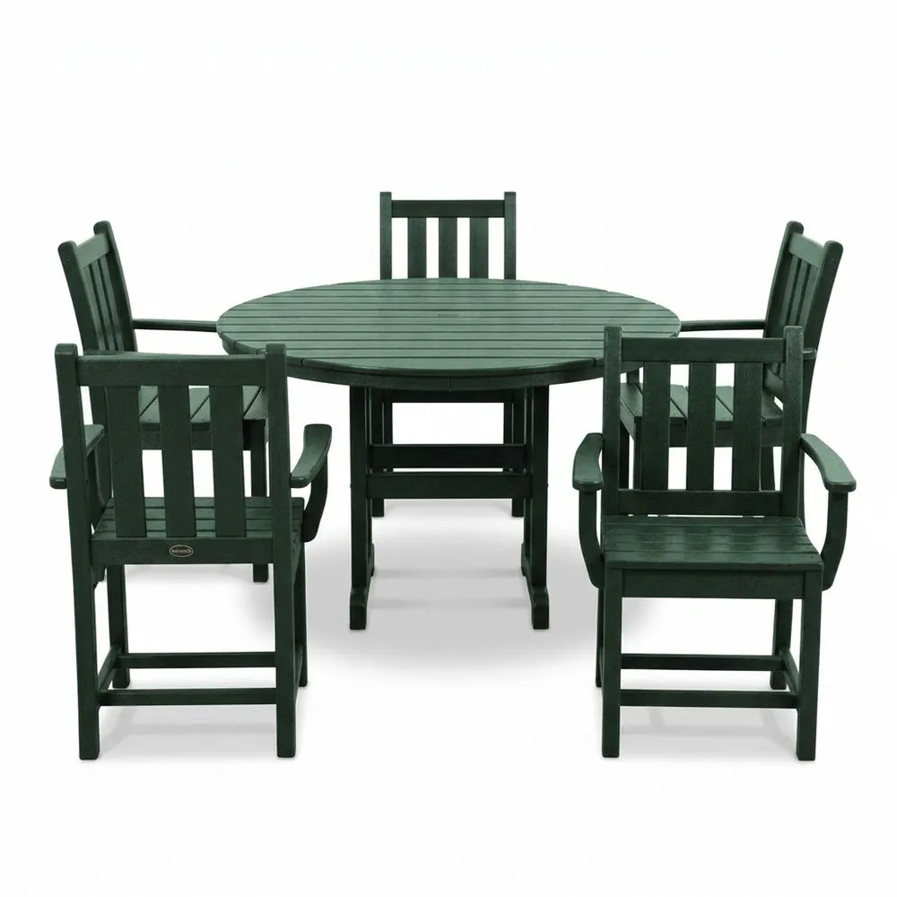 Juego de 5 piezas de mesa y sillas redondas de plástico verde para jardín.