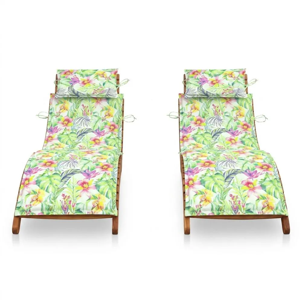 Conjunto de sillón reclinable de teca con cojines de algodón de estilo tropical.