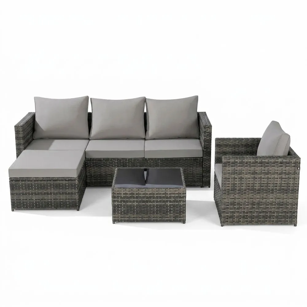 Conjunto de muebles de jardín, ratán sintético, gris, cojines gris claro.