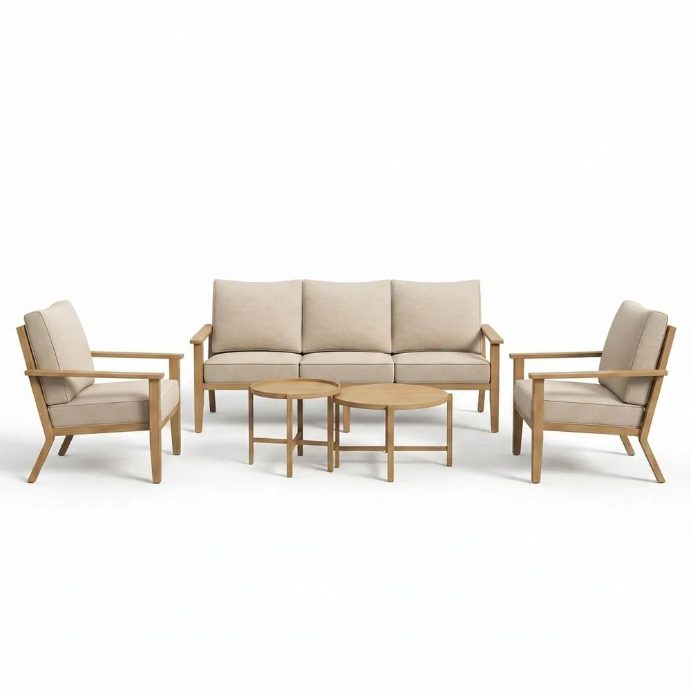 Conjunto de muebles de exterior de 5 piezas fabricado en madera de acacia, con cojines de color beige.