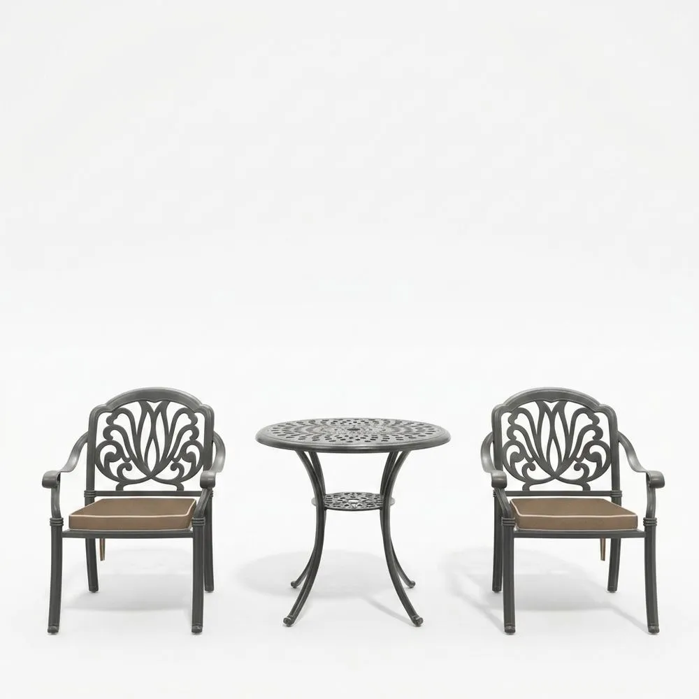 Conjunto de muebles de jardín de aluminio, que incluye sillas y una mesa redonda.