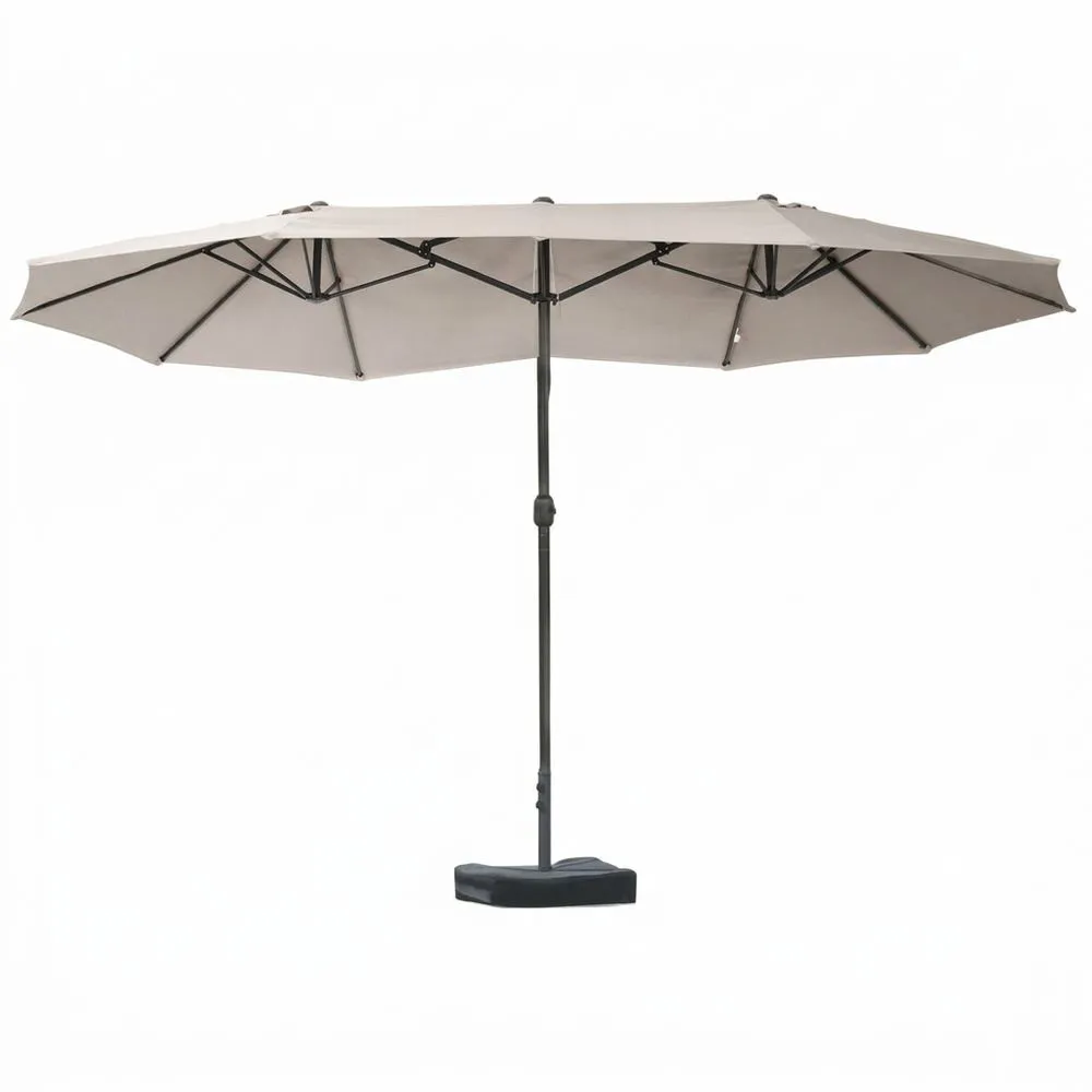 Sombrilla de doble apertura, de fibra de poliéster color beige, con estructura gris.