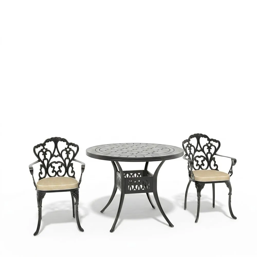 Conjunto de mesa y sillas de aleación de aluminio negro con cojines beige.