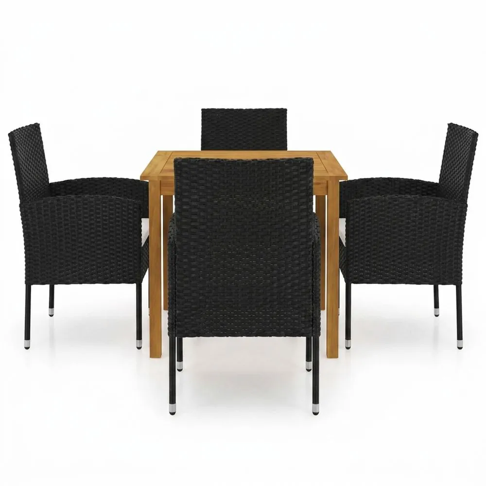 Conjunto de mesa y sillas de comedor para exteriores, que incluye una mesa de madera de acacia y sillas de ratán negro.