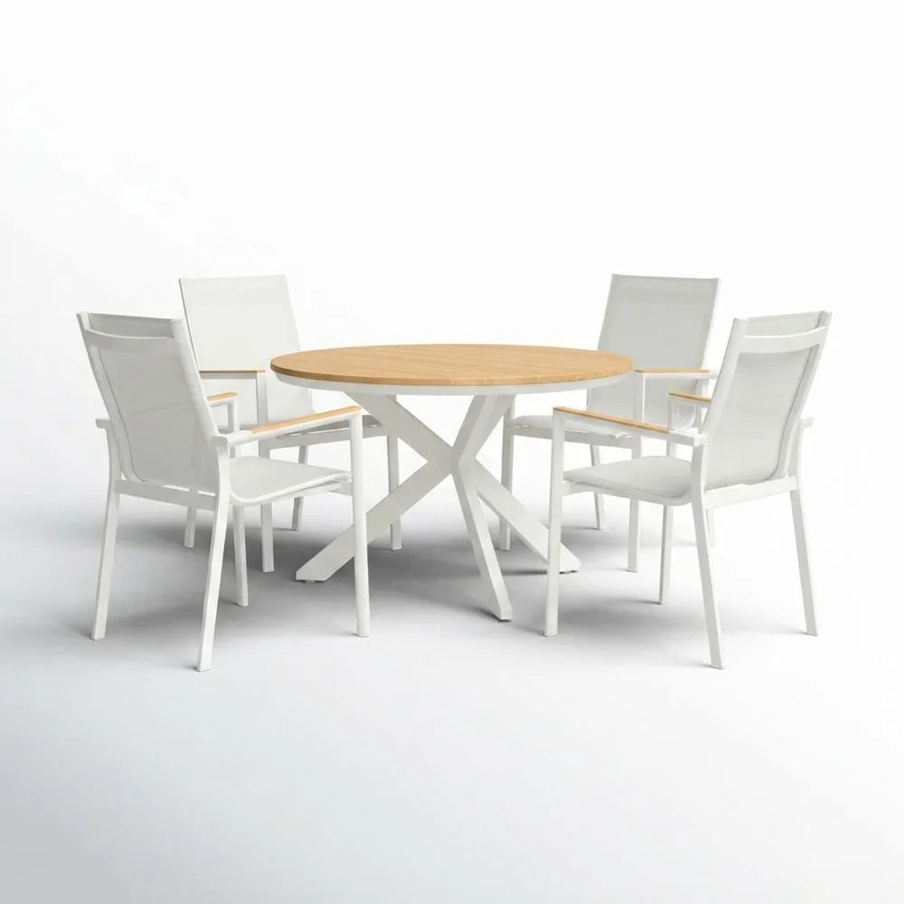 Conjunto de mesa y sillas de comedor para exteriores de aluminio y teca, que incluye 4 sillas.