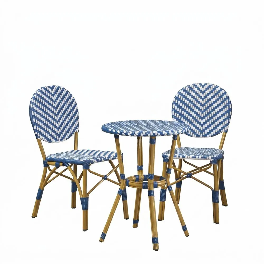 Conjunto de mesa y sillas redondas de ratán sintético azul y blanco, que incluye 2 sillas.