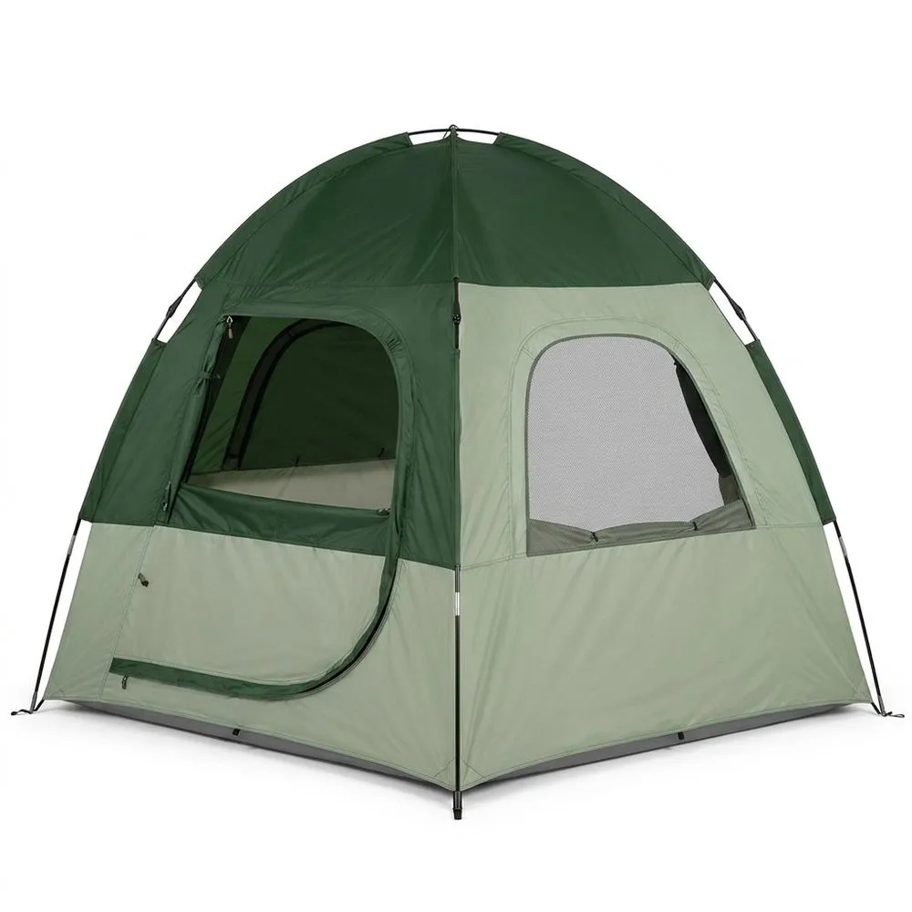 Tienda de campaña de poliéster verde, con capacidad para 4 personas.
