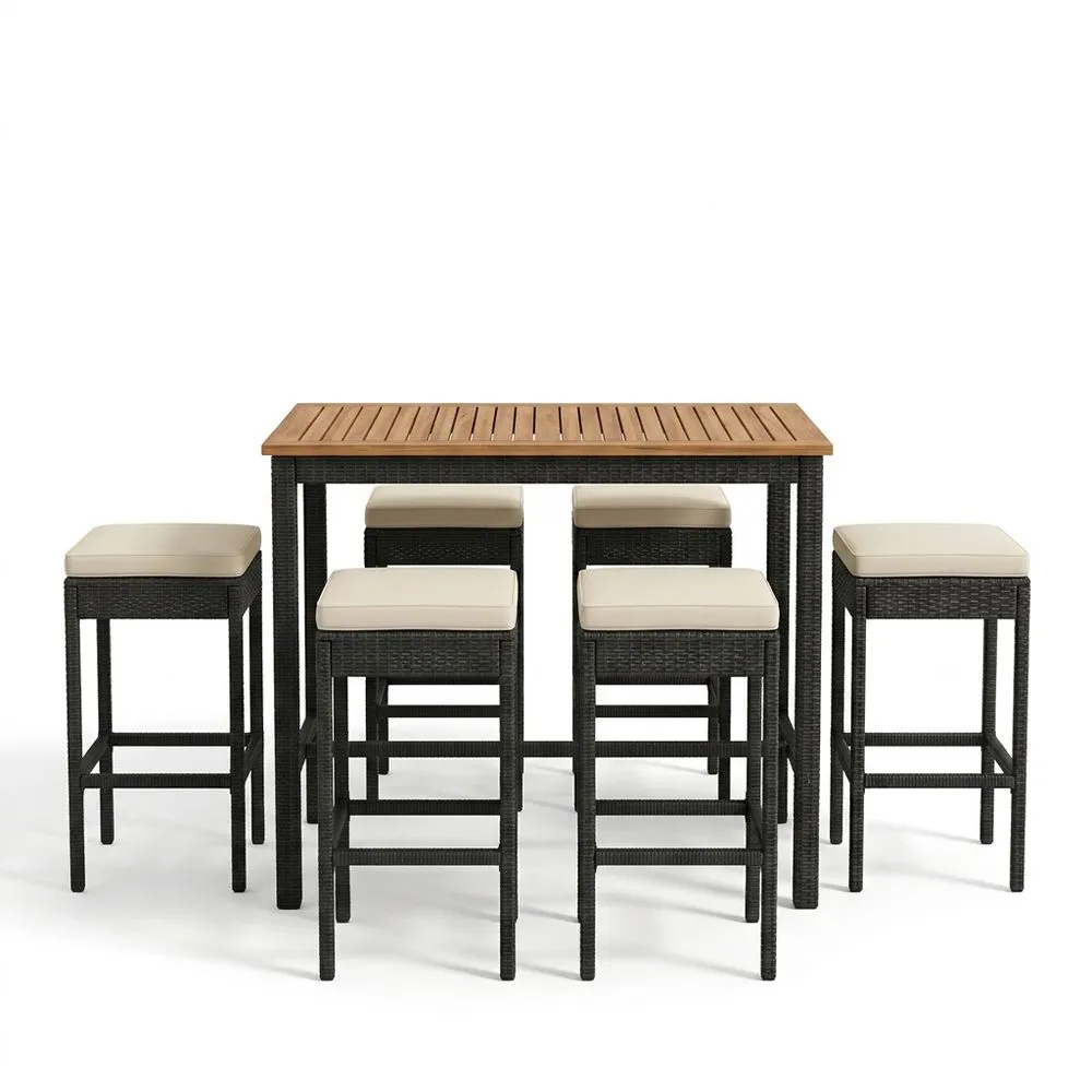 Conjunto de mesa y sillas de bar para exteriores, fabricado en ratán y teca, con 6 taburetes.
