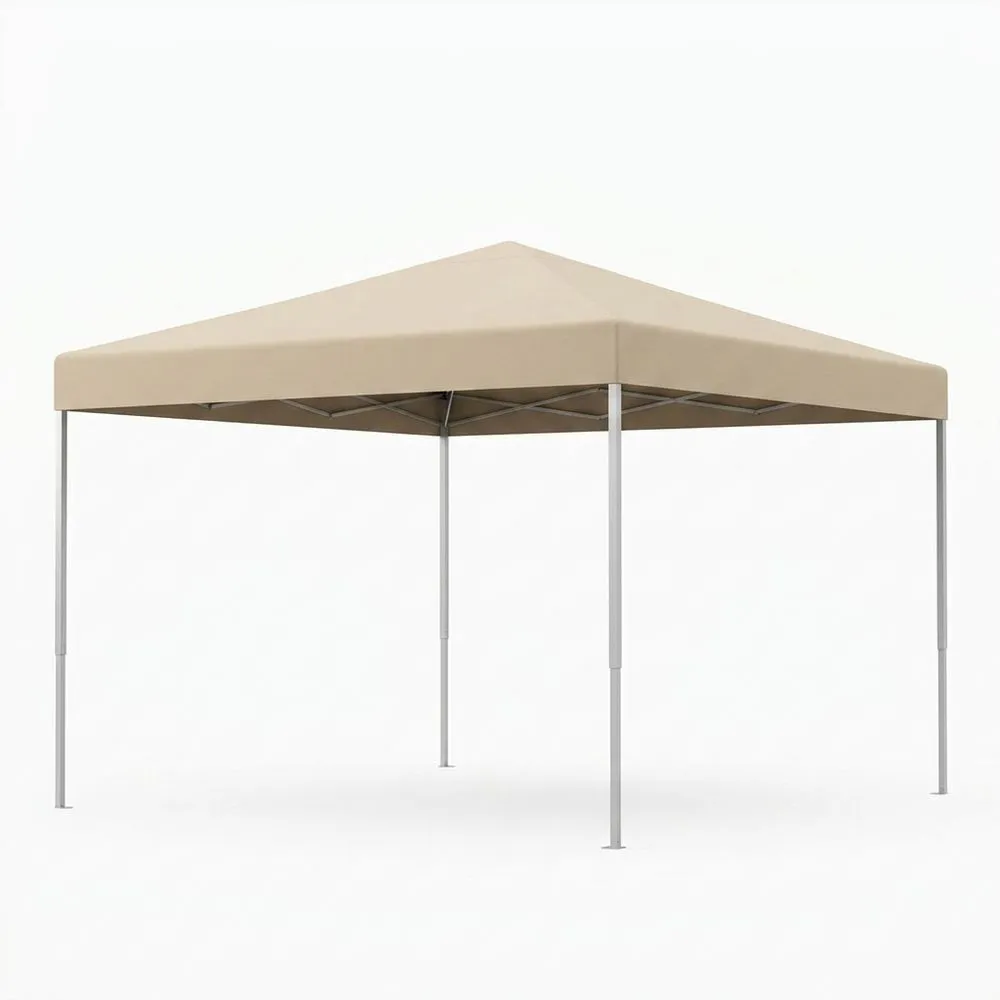 Tienda de campaña plegable de 3x3 metros, estructura de acero, tejido de poliéster beige.