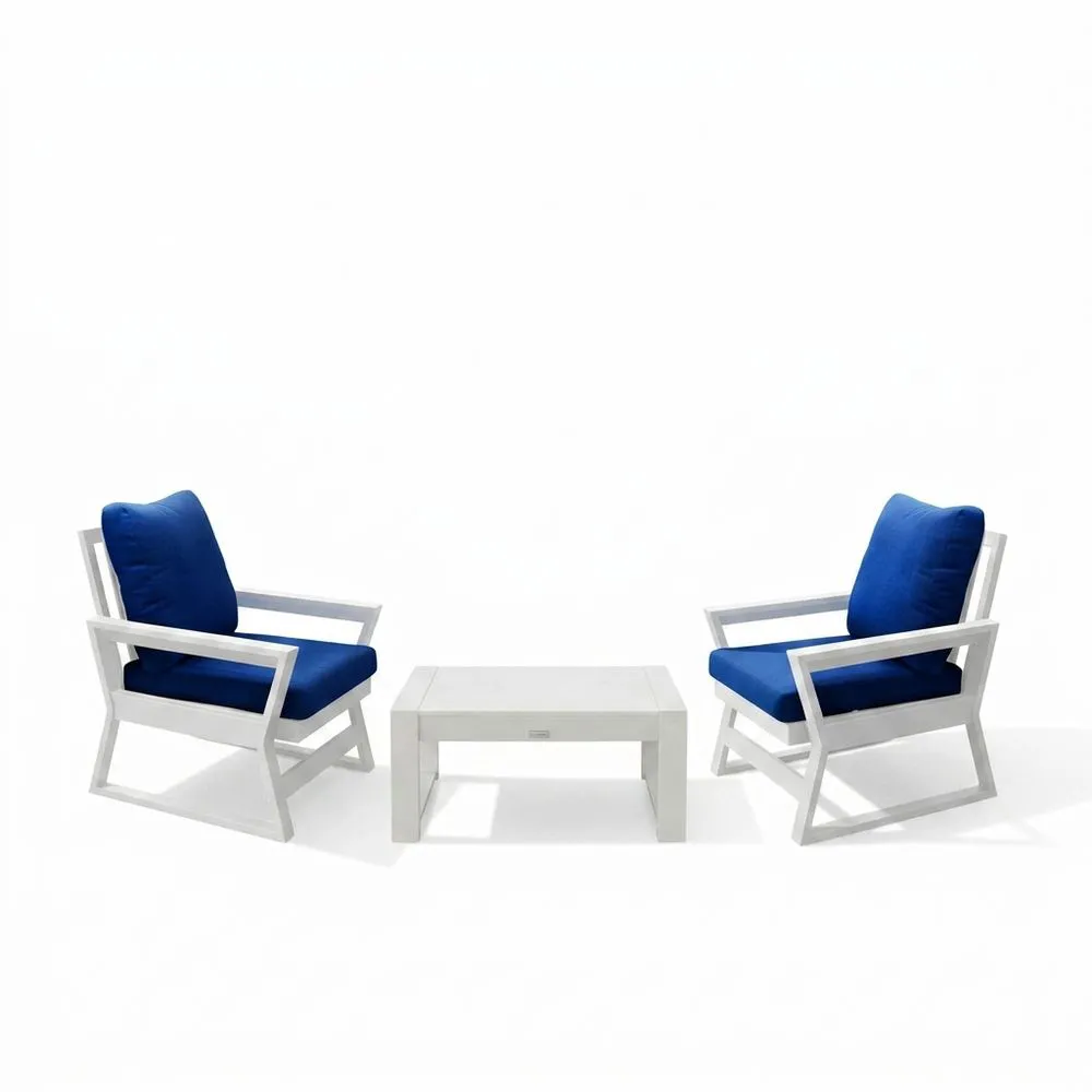 Conjunto de muebles de jardín de aluminio con cojines de poliéster azul.