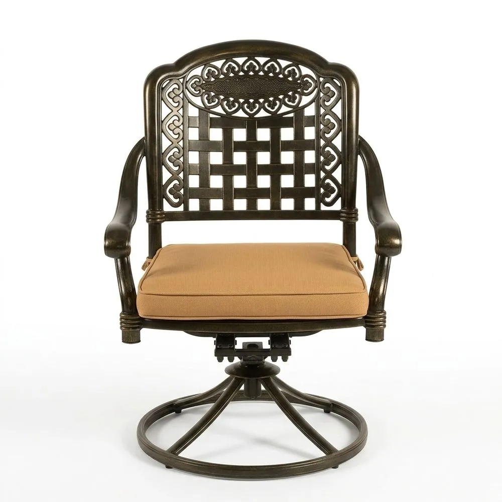 Silla giratoria de aluminio fundido con cojín de asiento de poliéster beige.