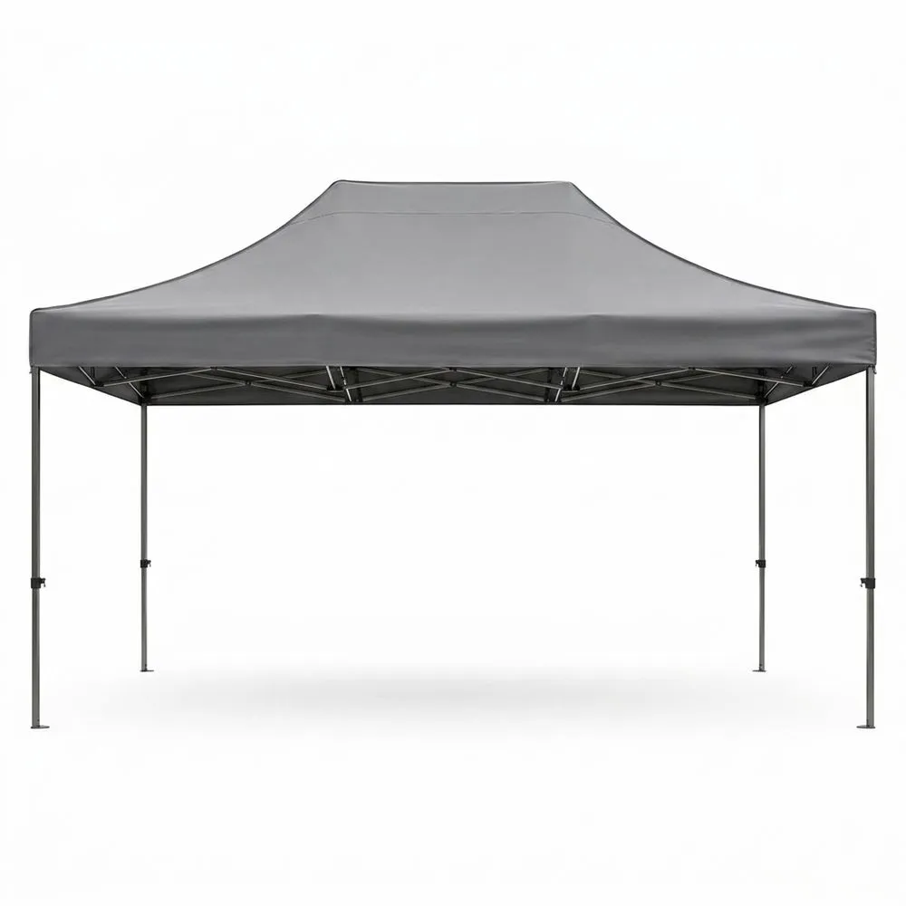 Toldo plegable regulable, fabricado en acero y fibra de poliéster gris.