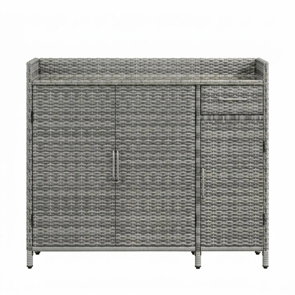 Armario de almacenamiento tejido en ratán sintético gris con estructura de acero.