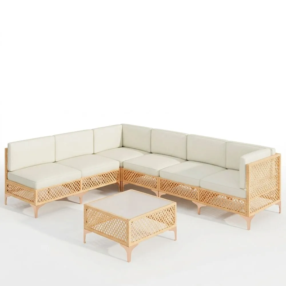 Sofá esquinero de ratán sintético color beige (mesa incluida)