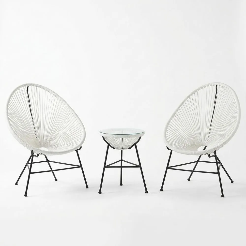Conjunto de mesa y sillas de exterior, estructura de acero, cuerda de poliéster, cristal templado.