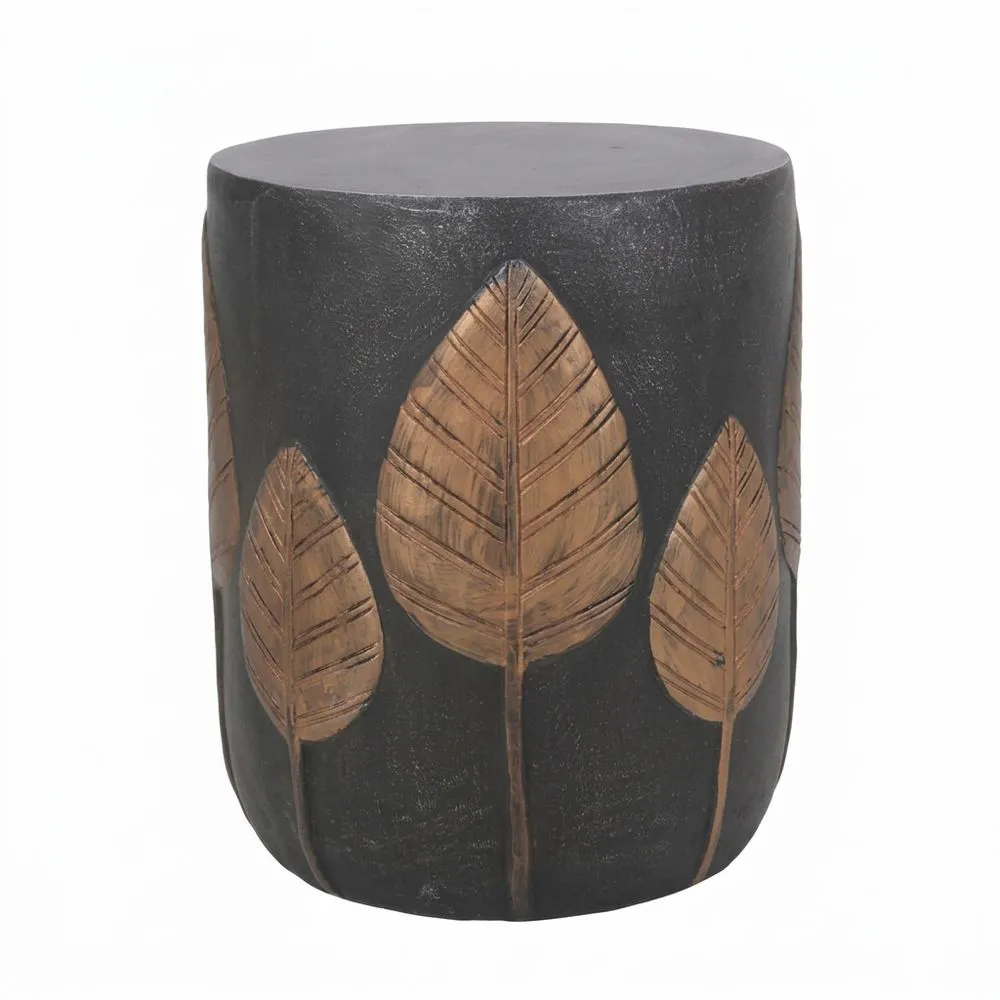 Taburete de madera de mango negro con estampado de hojas