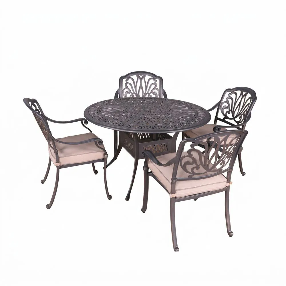 Conjunto de mesa y sillas de comedor para exteriores de aluminio negro, que incluye una mesa redonda de 106 cm y cuatro sillas con cojines beige.