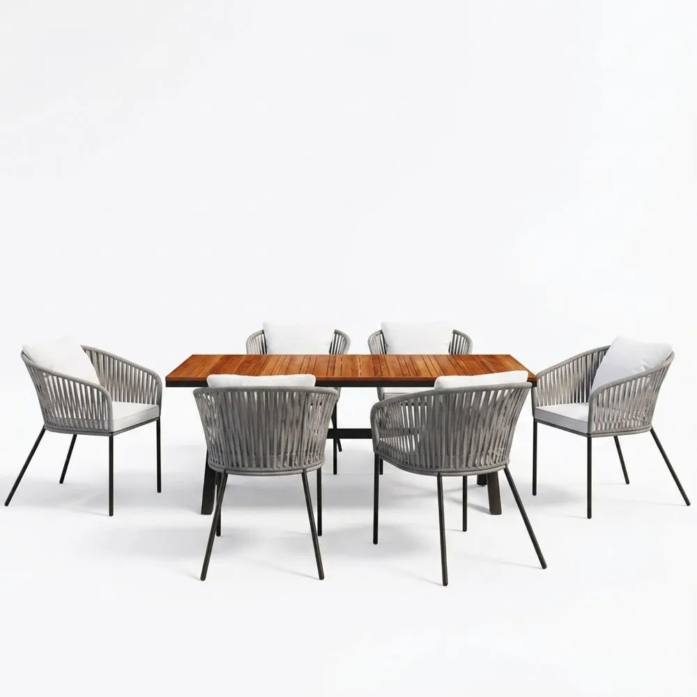 Conjunto de mesa y sillas de comedor para exteriores, fabricado en aluminio y teca, que incluye 6 sillas.