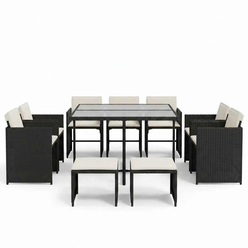 Conjunto de muebles de ratán sintético negro de 9 piezas con cojines beige.