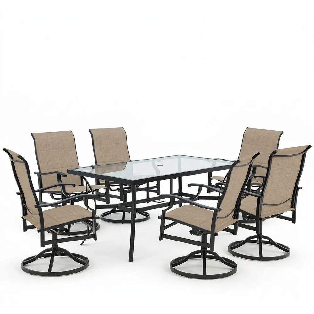 Conjunto de mesa y sillas de exterior (incluye 6 sillas), fabricado en acero y cristal.