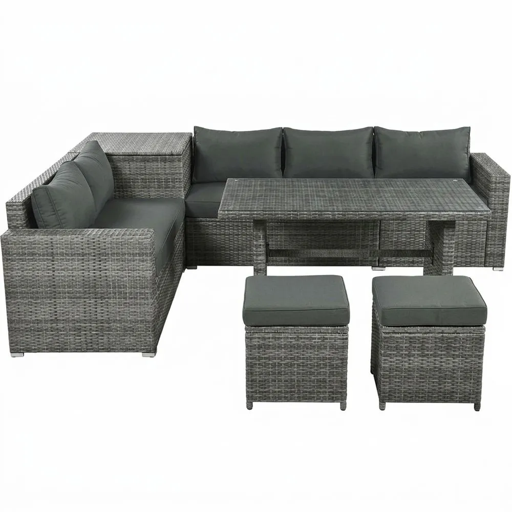 Sofá esquinero de ratán sintético gris (cojines incluidos)