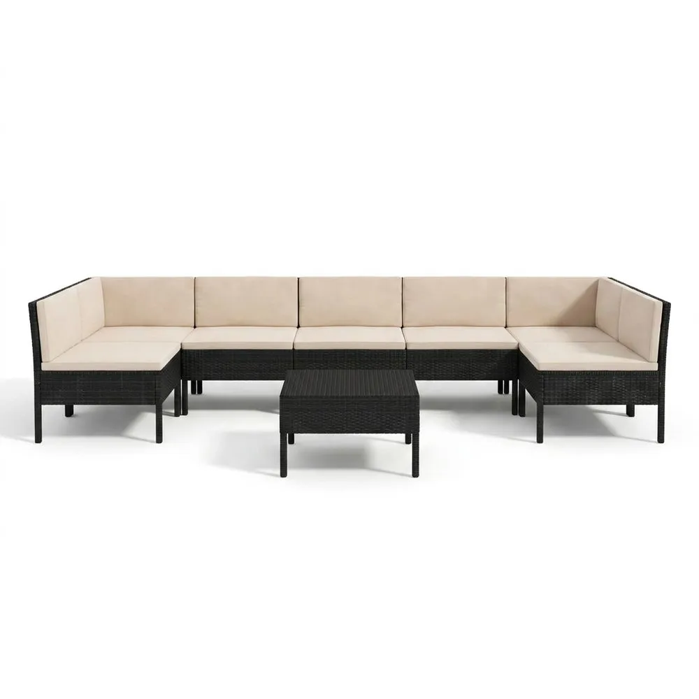 Conjunto de muebles de jardín de ratán sintético negro con cojines beige.