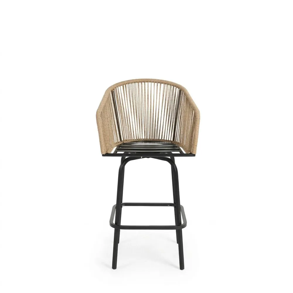 Taburete de acero negro con respaldo de cuerda beige, 102 cm de altura.