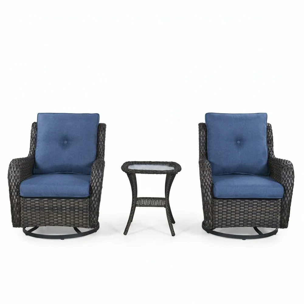 Conjunto de muebles de exterior de ratán azul, que incluye mesa y silla giratoria.