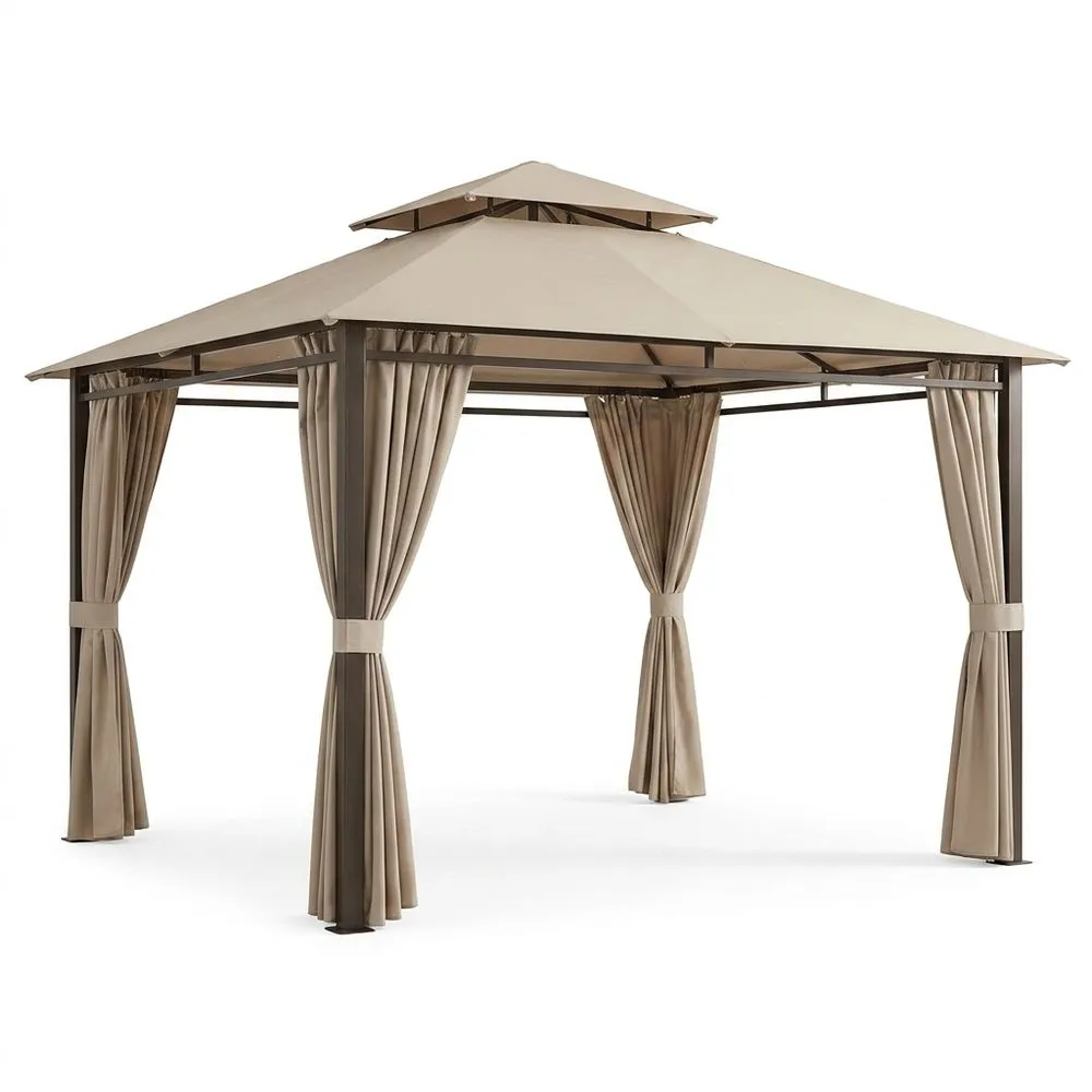 Carpa de aluminio con cortinas de poliéster y tienda de campaña color beige.