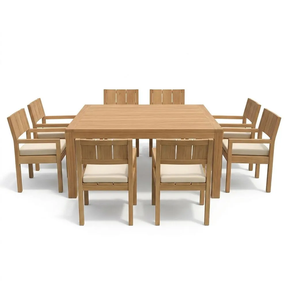 Conjunto de muebles de jardín de teca, que incluye 8 sillas y cojines.
